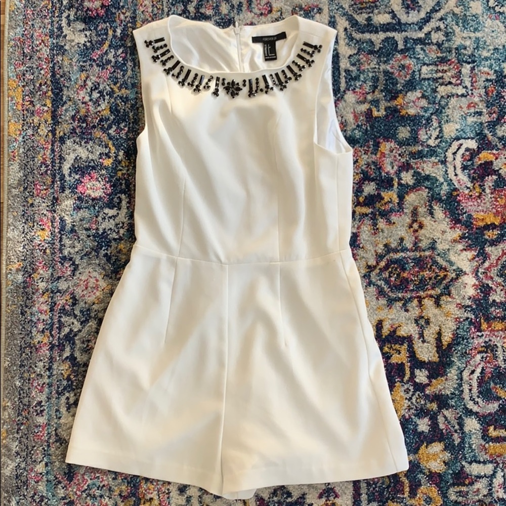 White Romper with Black Jeweled neck